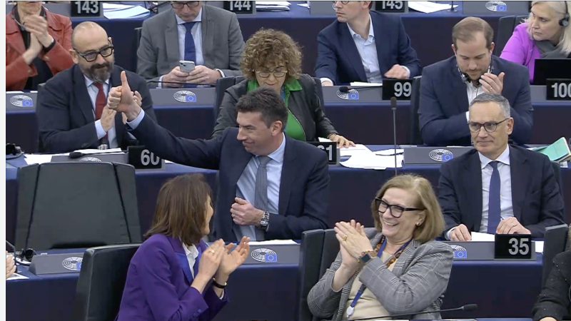 Co-rapporteur Dragoş Tudorache after the vote on the AI Act at the E.U. Parliament on March 13. [European Parliament/screenshot]